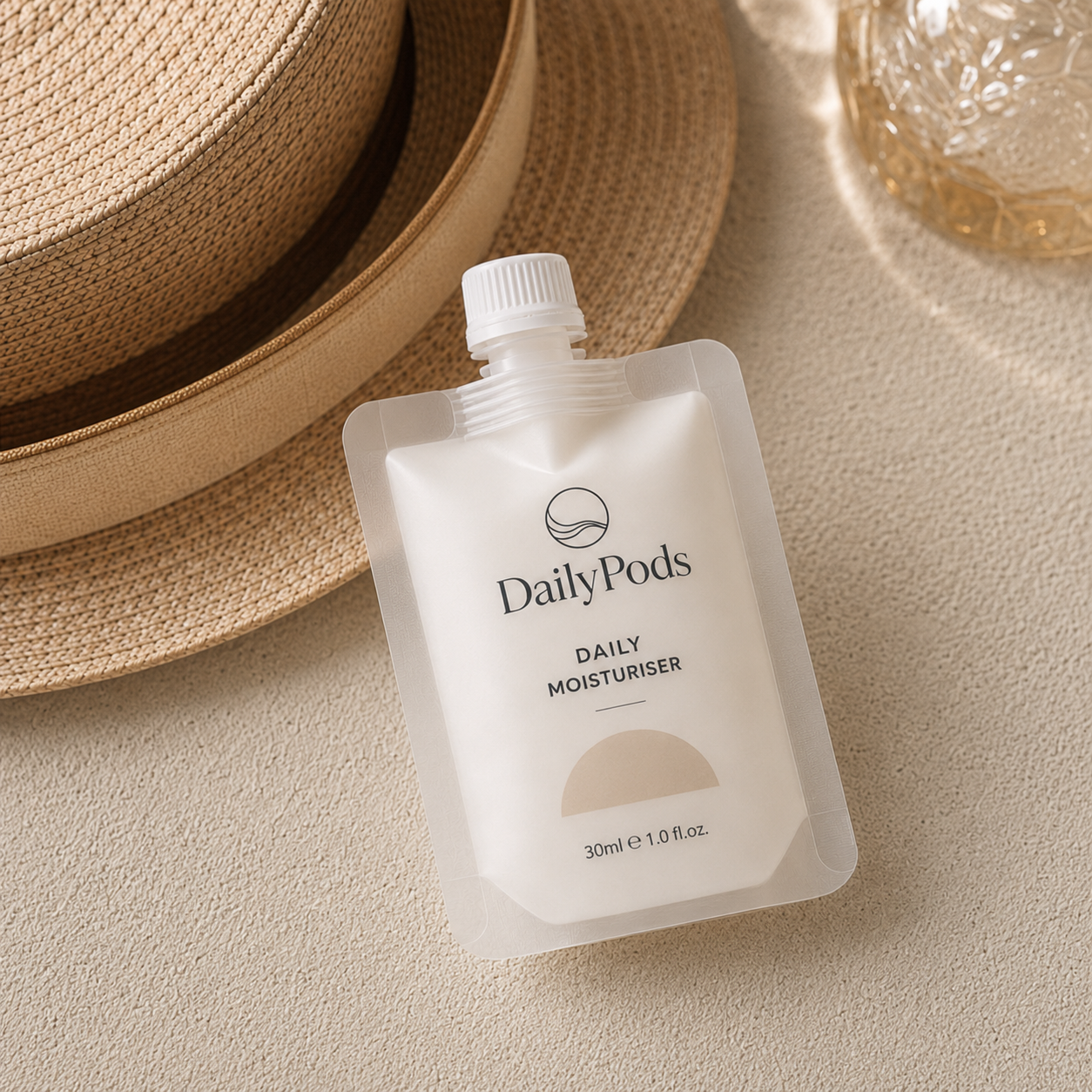 DailyPods™ moisturiser pouch beside a woven travel hat