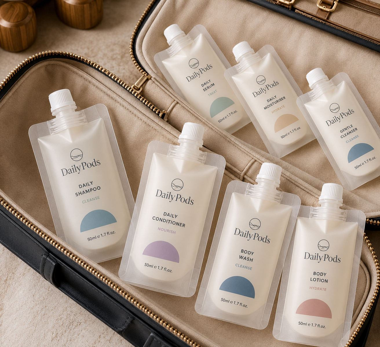 DailyPods™ skincare pouches packed inside a travel case